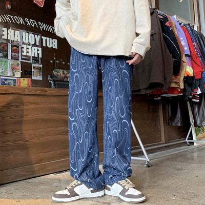 Tänavarõivad Meeste kottis sirged teksad trükitud Hip-hop Ins High Street laia säärega püksid elastne vöökoht mood trend Denim püksid