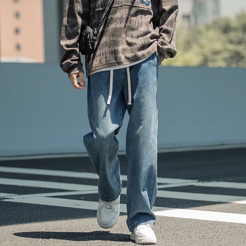 2022 Φθινόπωρο New Men Μαύρο φαρδύ τζιν φαρδύ τζιν Σχέδιο κορδόνι ελαστικό τζιν μέσης Cargo Streetwear ίσιο τζιν παντελόνι ανδρικό