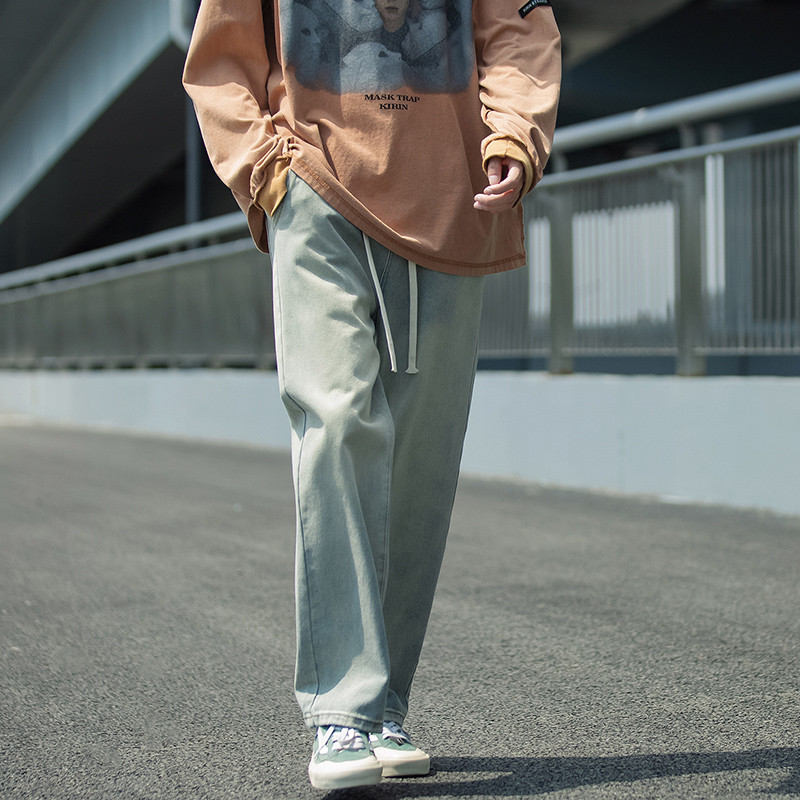 2022 Φθινόπωρο New Men Μαύρο φαρδύ τζιν φαρδύ τζιν Σχέδιο κορδόνι ελαστικό τζιν μέσης Cargo Streetwear ίσιο τζιν παντελόνι ανδρικό