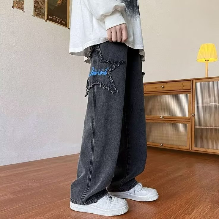 Y2K Street Hip-Hop Trend Ravne široke traperice za par Ležerne široke traperice 2023. Nove američke retro zvijezde izvezene muške traperice