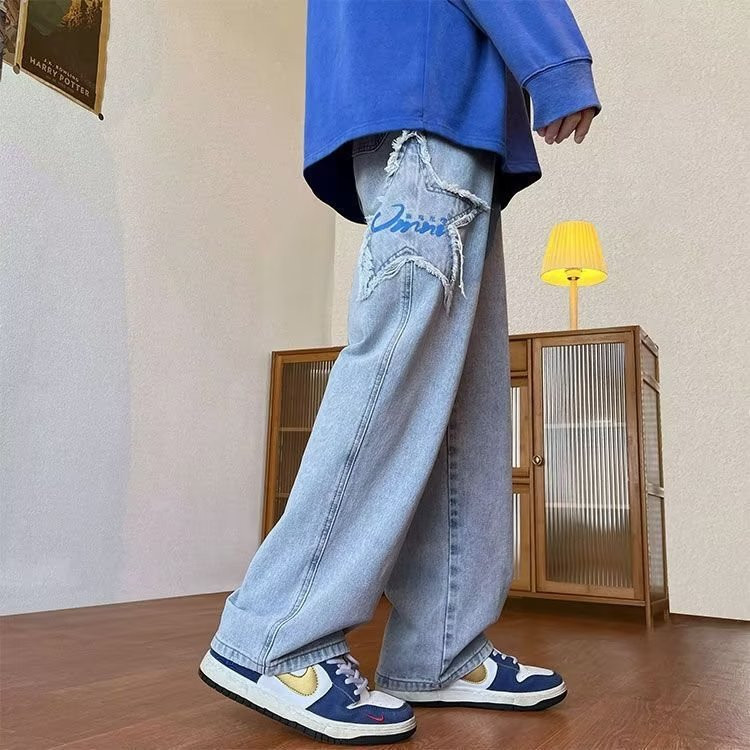 Y2K Street Hip-Hop Trend Ravne široke traperice za par Ležerne široke traperice 2023. Nove američke retro zvijezde izvezene muške traperice