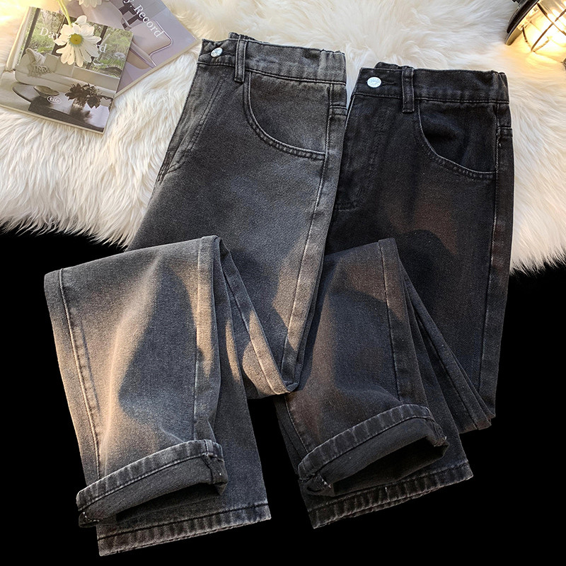 Klasične široke ravne traperice Muške proljetne modne korejske hlače s elastičnim strukom Streetwear Vintage crno sive isprane traper hlače