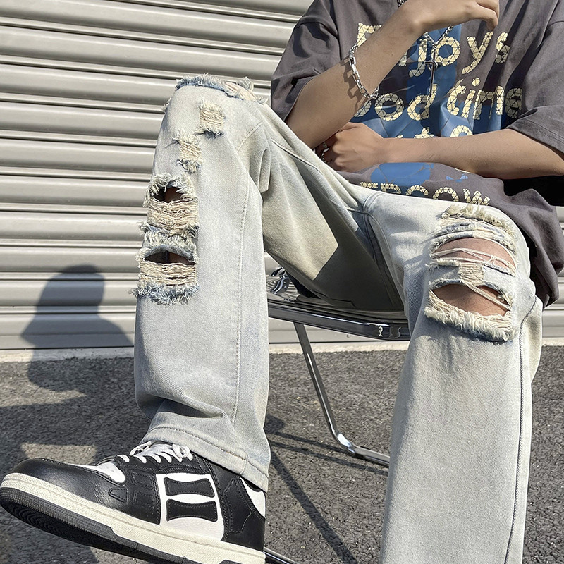 2023. Nove prepoznatljive poderane muške retro traperice, korejska modna ulična odjeća, uske traper hlače, univerzalne muške ulične hlače