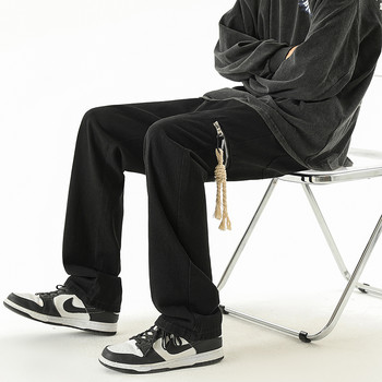 2023 Φθινόπωρο Νέο Streetwear Μαύρο φαρδύ τζιν Κρεμαστό με φερμουάρ στο πλάι ίσιο ελαστικό τζιν στη μέση Αντρικό παντελόνι