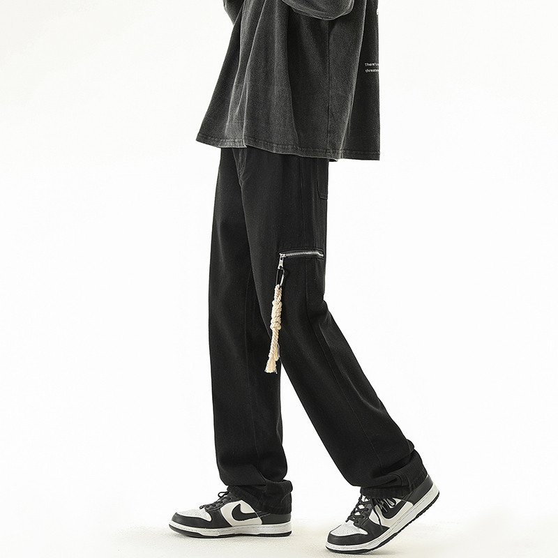 2023 Φθινόπωρο Νέο Streetwear Μαύρο φαρδύ τζιν Κρεμαστό με φερμουάρ στο πλάι ίσιο ελαστικό τζιν στη μέση Αντρικό παντελόνι