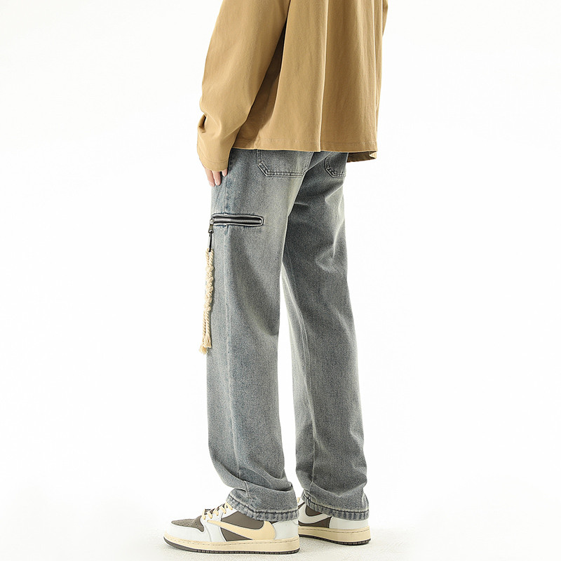 2023 Φθινόπωρο Νέο Streetwear Μαύρο φαρδύ τζιν Κρεμαστό με φερμουάρ στο πλάι ίσιο ελαστικό τζιν στη μέση Αντρικό παντελόνι