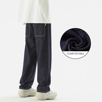 Ανδρική μόδα φαρδύ ίσιο τζιν Φθινοπωρινό Νέο ελαστικό κορδόνι μέσης πλυμένο μαύρο τζιν παντελόνι American Trend Streetwear
