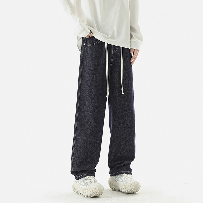 Meeste mood kottis sirged teksad Sügis uus elastne vöökoht pingutusnöör pestud mustad teksapüksid Ameerika trend tänavarõivad