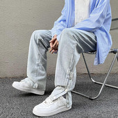 Jesen 2022., nove muške retro plave široke traperice, ulične korejske modne široke ravne traper hlače, gumbi na hlačama