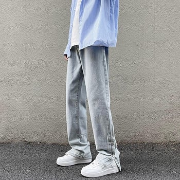 Φθινοπωρινά Νέα Ανδρικά Ρετρό Μπλε φαρδιά τζιν 2022 Κορεάτικη μόδα Φαρδιά ίσια τζιν παντελόνια κουμπιά στο παντελόνι