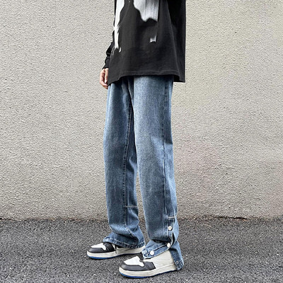 Jesen 2022., nove muške retro plave široke traperice, ulične korejske modne široke ravne traper hlače, gumbi na hlačama