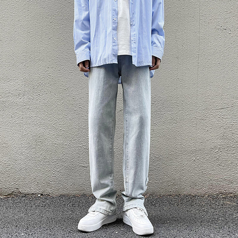 Jesen 2022., nove muške retro plave široke traperice, ulične korejske modne široke ravne traper hlače, gumbi na hlačama