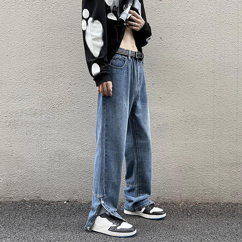 Jesen 2022., nove muške retro plave široke traperice, ulične korejske modne široke ravne traper hlače, gumbi na hlačama