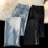 Proljeće 2023. Muške modne traperice, uske ravne Y2K crne traper hlače, korejske ulične muške hlače s patentnim zatvaračem i porubom