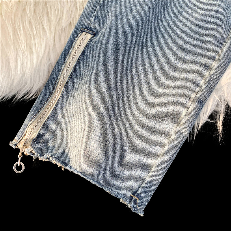 Proljeće 2023. Muške modne traperice, uske ravne Y2K crne traper hlače, korejske ulične muške hlače s patentnim zatvaračem i porubom