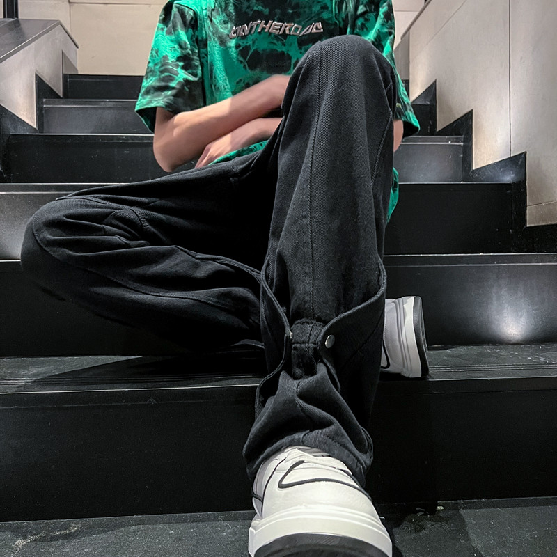 Must-valged meeste mood Teksad Tänavarõivad Lahtised hip-hop sirged teksapüksid Meeste isiksus vabaaja kottis laia säärega püksid