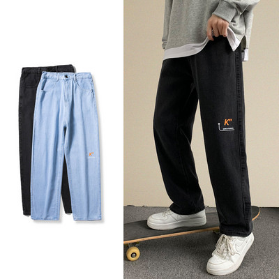 Toamna 2021, blugi largi pentru bărbați, pantaloni largi din denim drept, pantaloni negri albastru deschis, pantaloni casual, îmbrăcăminte de stradă pentru bărbați