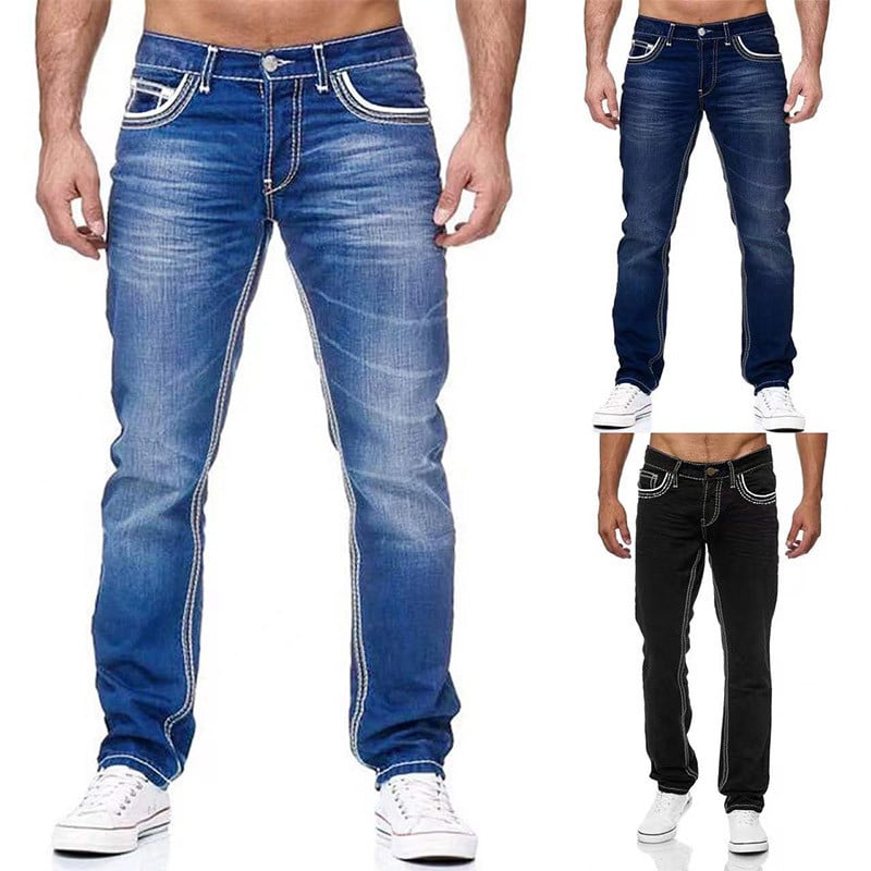 Meeste teksad Tugevad taskud Stretch Denim Sirged püksid Kevadsuvi Äri vabaaja püksid Igapäevased tänavarõivad Meeste riided