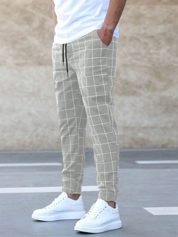 Есенни 2023 г. Нова мъжка мода Улични модерни панталони Карирани ежедневни панталони Модни удобни универсални панталони с въже за панталони
