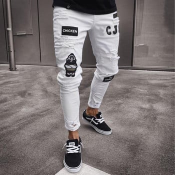 νέο λευκό κέντημα τζιν ανδρικό βαμβακερό ελαστικό στενό τζιν υψηλής ποιότητας Hip Hop Black Hole Slim Fit Oversize τζιν παντελόνι