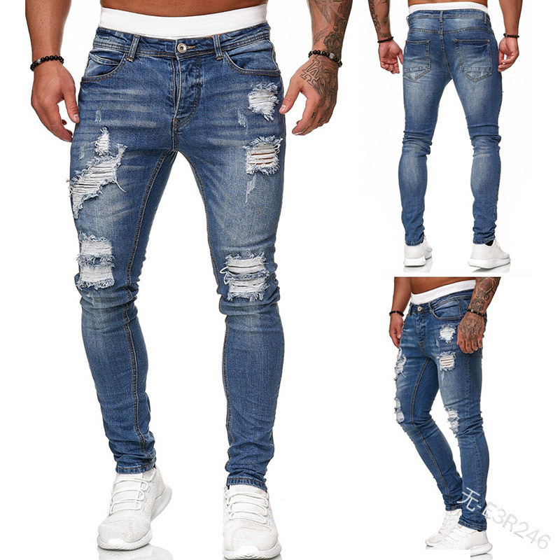 Blugi cu broderie albă pentru bărbați Blugi skinny, elastici, rupti, de înaltă calitate, Hip Hop, cu gaură neagră, pantaloni supradimensionați, slim fit
