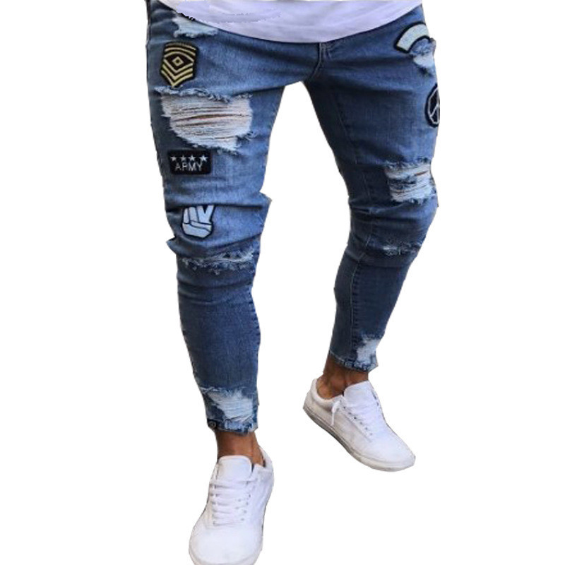 Blugi cu broderie albă pentru bărbați Blugi skinny, elastici, rupti, de înaltă calitate, Hip Hop, cu gaură neagră, pantaloni supradimensionați, slim fit
