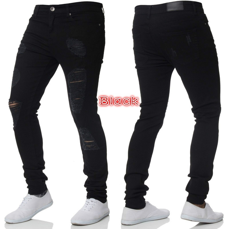 Blugi cu broderie albă pentru bărbați Blugi skinny, elastici, rupti, de înaltă calitate, Hip Hop, cu gaură neagră, pantaloni supradimensionați, slim fit