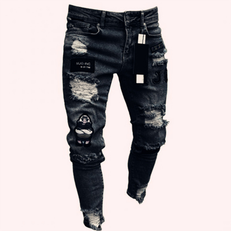Blugi cu broderie albă pentru bărbați Blugi skinny, elastici, rupti, de înaltă calitate, Hip Hop, cu gaură neagră, pantaloni supradimensionați, slim fit