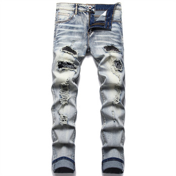 Ανδρικά Biker Jeans Streetwear Paisley Bandana Print Patch Stretch τζιν παντελόνι συνονθύλευμα τρύπες σχισμένο λεπτό ίσιο μαύρο παντελόνι