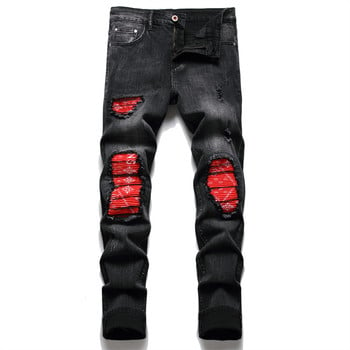 Мъжки байкерски дънки Streetwear Paisley Bandana Print Patch Stretch Denim Pants Patchwork Holes Ripped Slim Straight Black Pantsus