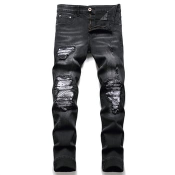 Мъжки байкерски дънки Streetwear Paisley Bandana Print Patch Stretch Denim Pants Patchwork Holes Ripped Slim Straight Black Pantsus