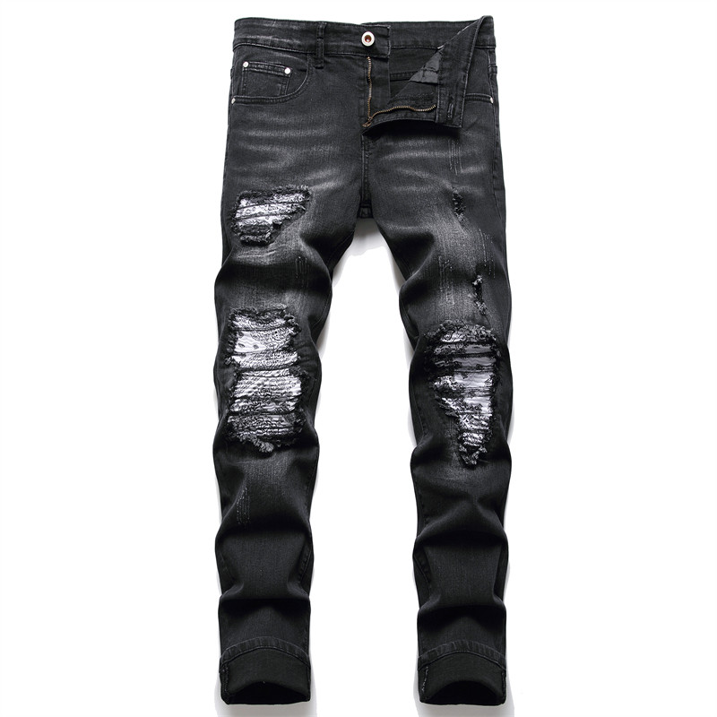 Meeste Biker Teksad Tänavarõivad Paisley Bandana Print Patch Stretch Denim Püksid Patchwork augud Rebitud õhukesed sirged mustad püksid