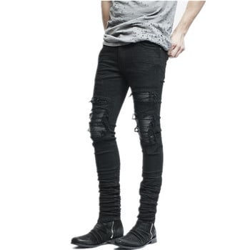 Νέο Dropshipping Men Ripped Biker Jeans Distressed Moto Denim Joggers Destroyed Knee Leather Pleated Patch Jeans