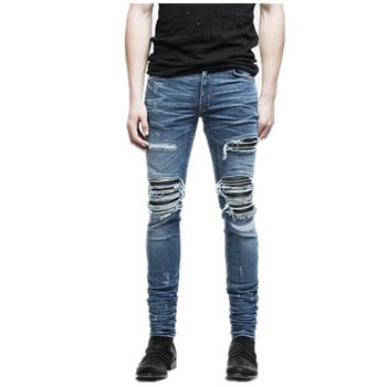 Νέο Dropshipping Men Ripped Biker Jeans Distressed Moto Denim Joggers Destroyed Knee Leather Pleated Patch Jeans