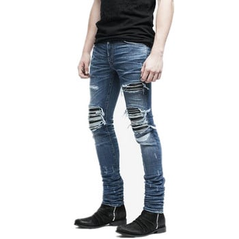 Νέο Dropshipping Men Ripped Biker Jeans Distressed Moto Denim Joggers Destroyed Knee Leather Pleated Patch Jeans