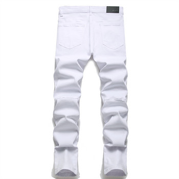 High Street Fashion White Jeans Hole Patch Elastic Slim Fit Плисирани мъжки дънки Skinny Solid Висококачествени дънкови панталони