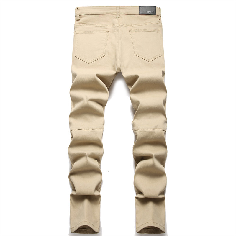 Ulične modne bijele traperice s rupicama, elastične uske nabrane muške traperice uske jednobojne visokokvalitetne traper hlače