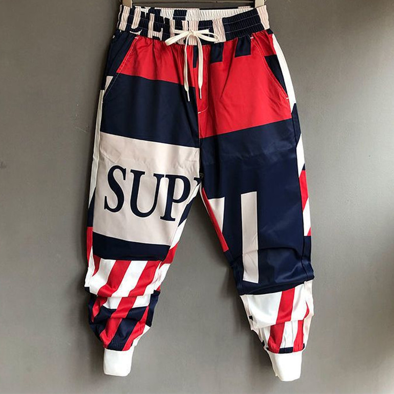 Muška odjeća široka muška odjeća u stilu za mlade Ulična odjeća s printom na elastični struk Patchwork uvezivanje Proljeće ljeto Tanke zgodne ležerne hlače