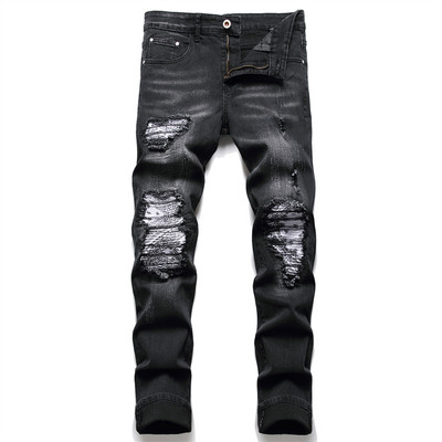 Bărbați Paisley Bandana imprimeu Blugi Streetwear Patchwork Orificii Pantaloni rupti din denim stretch Pantaloni motociclisti slim, drepti