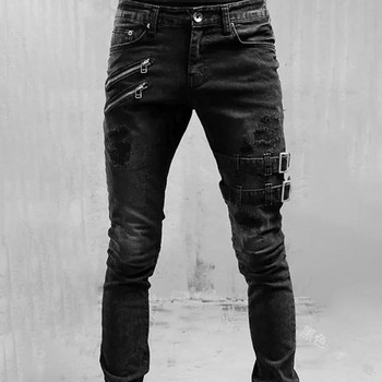 Ανδρικά Slim Biker Μακρύ τζιν παντελόνι Skinny Jeans με τσέπη πλαϊνά λουριά και φερμουάρ Ανδρικό παντελόνι τζόκινγκ κατεστραμμένο ελαστικό παντελόνι