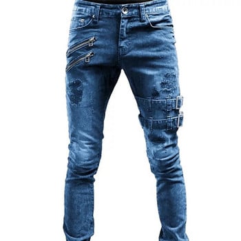 Ανδρικά Slim Biker Μακρύ τζιν παντελόνι Skinny Jeans με τσέπη πλαϊνά λουριά και φερμουάρ Ανδρικό παντελόνι τζόκινγκ κατεστραμμένο ελαστικό παντελόνι