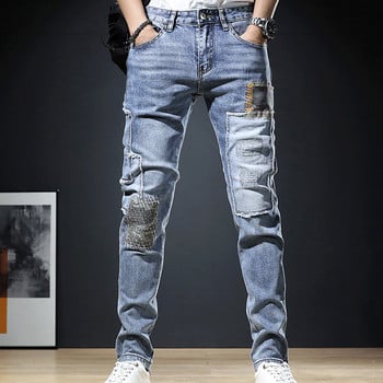 Ανδρικά τζιν μόδας 2023 Φθινοπωρινά μπαλώματα ανοιχτό μπλε trend Loose παντελόνι ελαστικό streetwear Boyfriend Biker Man ίσιο τζιν παντελόνι