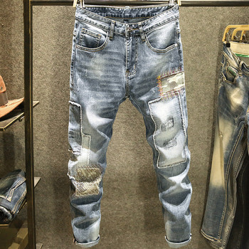 Ανδρικά τζιν μόδας 2023 Φθινοπωρινά μπαλώματα ανοιχτό μπλε trend Loose παντελόνι ελαστικό streetwear Boyfriend Biker Man ίσιο τζιν παντελόνι