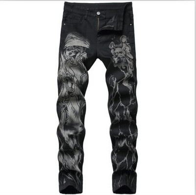 Nove muške kineske trendy zmajeve crne uske traperice rastezljive udobne modne hip-hop muške traper hlače ulične hlače s printom