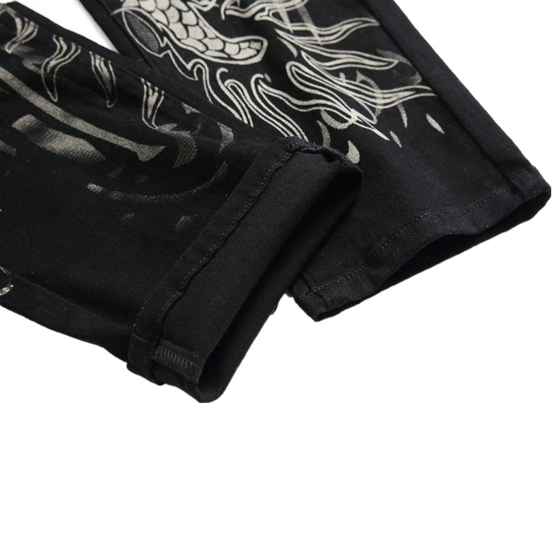 Nove muške kineske trendy zmajeve crne uske traperice rastezljive udobne modne hip-hop muške traper hlače ulične hlače s printom