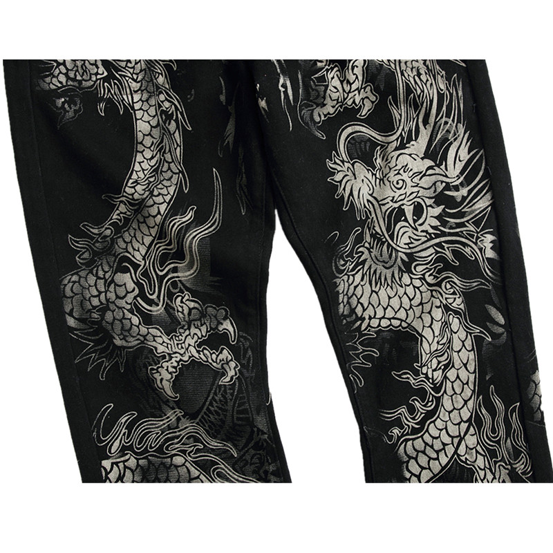 Nove muške kineske trendy zmajeve crne uske traperice rastezljive udobne modne hip-hop muške traper hlače ulične hlače s printom