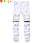 Modne nove bijele muške traperice iz 2023., male rastezljive traper hlače, muške hlače s poderanim ukrasima, crne, crvene ležerne hlače, velike veličine 28-42