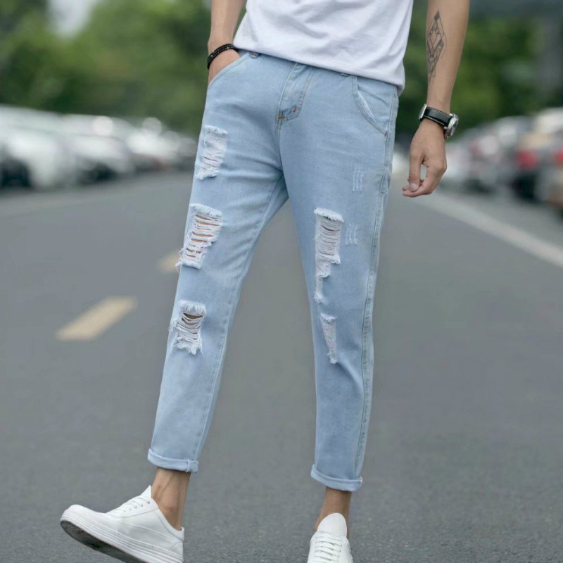 Muške traperice do gležnja s rupama Ravne isprane traper hlače za slobodno vrijeme Tinejdžeri Chic Ulična odjeća Muška univerzalna velika veličina 34 Vintage Novo