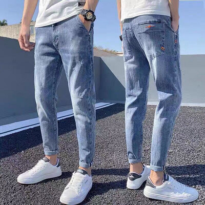 Meeste teksapüksid pahkluuni ulatuvad teksad Kvaliteetsed suvised venivad puuvillased augud õhukesed tänavarõivad disain Korea vabaaja püksid