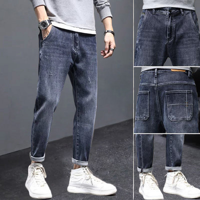 Meeste teksapüksid pahkluuni ulatuvad teksad Kvaliteetsed suvised venivad puuvillased augud õhukesed tänavarõivad disain Korea vabaaja püksid